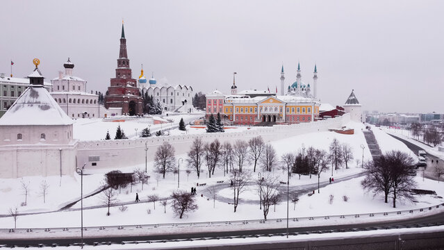  View from the height of the copter of the Kazan Kremlin on a snowy winter day.