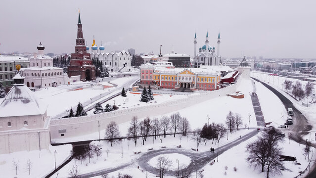  View from the height of the copter of the Kazan Kremlin on a snowy winter day.