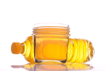 Front view of cooking oil bowl full of reflection shadow isolated on white