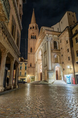 Basilica of Sant'Andrea. The concathedral basilica of Sant'Andrea is the largest church in Mantua photographed at night from its front facade.
