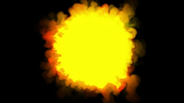 The yellow spot of the explosion is surrounded by a halo of orange smoke on a black background.