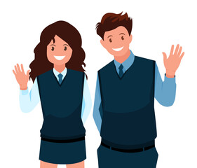 A portrait of the student s character waving his hand, flat design concept. vector illustration