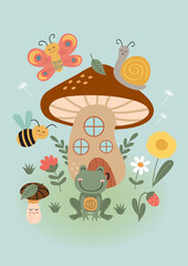 fairy poster with mushroom house, insect, frog