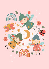 magic poster with fairies, insect, rainbows and moon