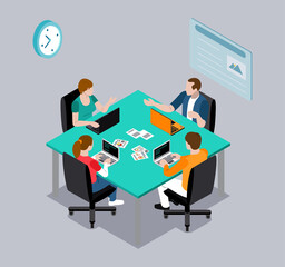 Project management and financial report strategy. Consulting team. Collaboration concept with collaborative people. Isometric business analysis planning.