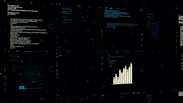 Digital cyberspace with data analysis process, high tech concept. Animation. Blocks of endlessly written program code, seamless loop.