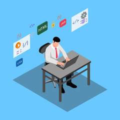 Workplace. Working on computer. Businessman looking at the laptop screen.