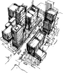 hand drawn architectural sketch of a modern city with high buildings and people in the streets