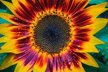 Detail of a sunflower with dew droplets