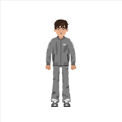 A shaggy, unkempt man in an animation tracksuit. Vector illustration of a man dressed in dirty and crumpled clothes. All details on separate layers with names
