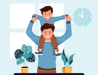 A portrait of a father carrying a boy on his shoulder, flat design concept. vector illustration