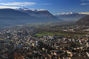 The aerial view of the landscape around the town of Bellinzona in Alps, Ticino, Swiss.