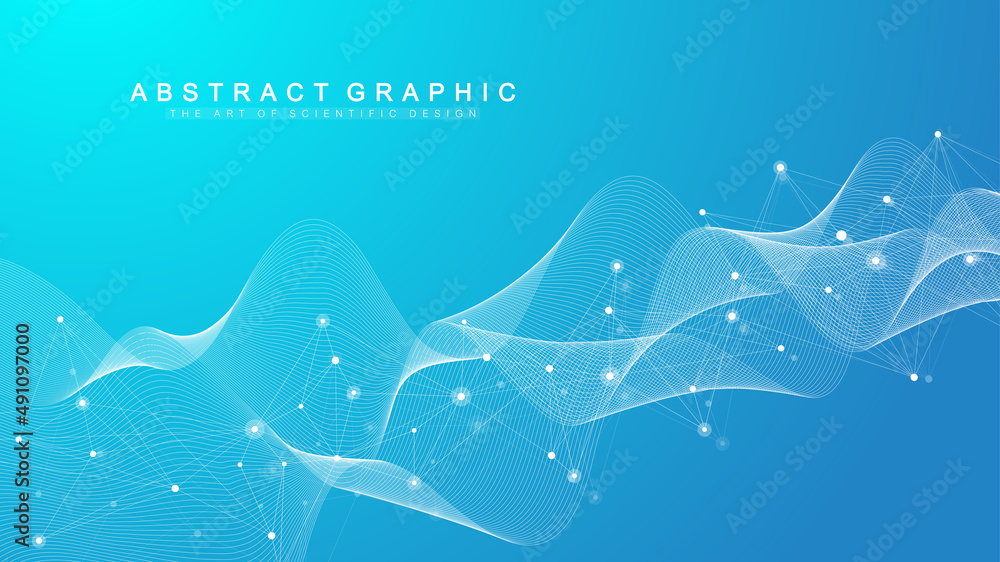 Leinwandbilder Digits abstract background with connected line and dots, wave flow. Digital neural networks. Network and connection background for your presentation. Graphic polygonal background. Vector illustration.