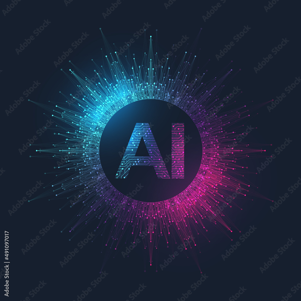 Aufkleber Artificial Intelligence Logo Plexus effect. Future Tech Logo AI. Artificial Intelligence and Machine Learning Concept. Vector symbol AI. Neural networks and another modern technologies concepts