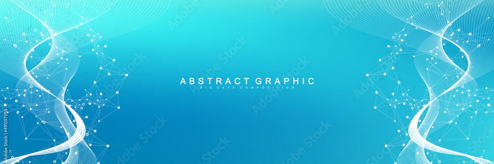 Poster Digits abstract background with connected line and dots, wave flow. Digital neural networks. Network and connection background for your presentation. Graphic polygonal background. Vector illustration.