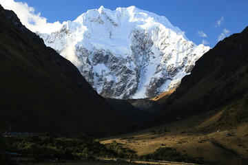 Amazing snow-capped mountain peak on Salkantay trek to Machu Picchu in Peru.

