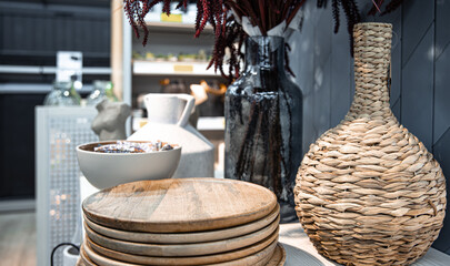 Close-up, home decor details on a shop window.