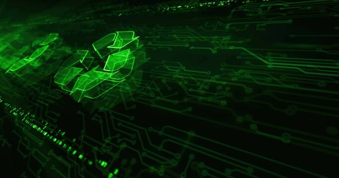Recycling icon, waste data management and sustainable industry hologram symbol appears on a electronic circuit background. Technology abstract concept 3d seamless and loop animation.
