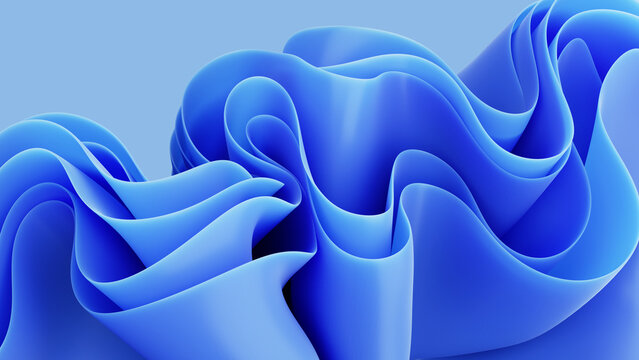 Fototapeta 3d render, abstract background with folded textile ruffle, blue cloth macro, wavy fashion wallpaper