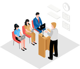 Project management and financial report strategy. Consulting team. Collaboration concept with collaborative people. Isometric business analysis planning.