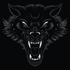 The Vector logo dog  or wolf for tattoo or T-shirt design or outwear.  Cute print style dog  or wolf  background. This hand drawing would be nice to make on the black fabric or canvas.