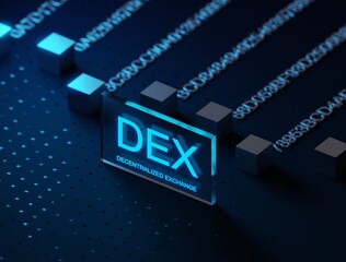DEX decentralized exchange platform text word on glass blockchain distributed ledger technology, blue futuristic background - 491098853