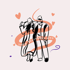 A man hugs a woman. Walk. Line drawing. Millennials. Love. Print.