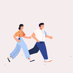 Man and woman jogging together. The man in the headphones is running. Friends. Joint run. Vector illustration