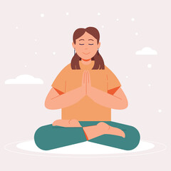 A calm girl is engaged in meditation. The girl is sitting in the lotus position. Yoga practice at home. Vector illustration.