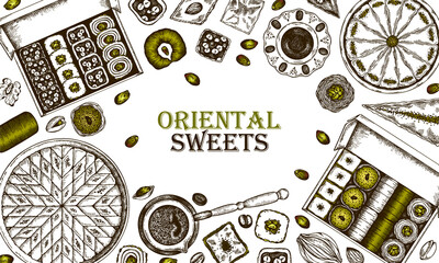 Sketch drawing poster of pistachio Oriental Sweets isolated on white background. Engraved Turkish delight, coffee, black tea, baklava, tulumba, arabian dessert, asian sweet food. Vector illustration. - 491099853