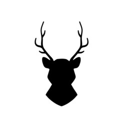 Head of deer. Black silhouette of stag. Horned forest animal. Hipster logo.