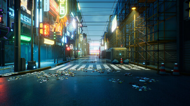 Cyberpunk city with space for add character. 3d render