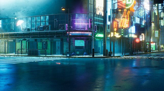 Cyberpunk city with space for add character. 3d render