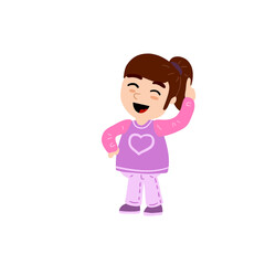 Smart little girl points her finger up. Happy child. Cute Character in pink clothes