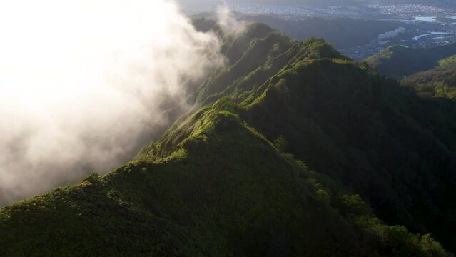 Tropical Koolau Mountains and Kuliouou at Sunrise on Oahu, Hawaii