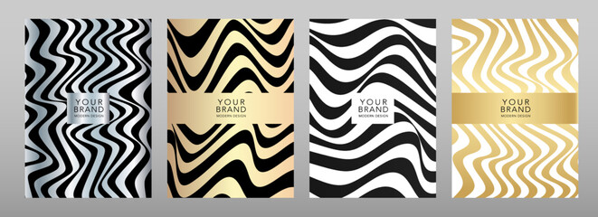 Modern elite cover design set. Luxury fashionable background with abstract line pattern in silver, gold, black color. Elegant premium vector template for menu, brochure, flyer, layout, presentation