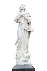 Sculpture of a grieving woman looking up with arms folded on her chest isolated on the white...