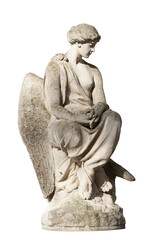 The stone sculpture of a sitting angel on the white background