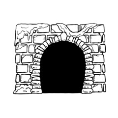 Door of castle. Entrance to fairy tale fortress or stone medieval old wall. Wooden open doorway. Cartoon hand drawn black and white illustration