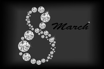 Vector. March 8, International Women's Day. Number consisting of diamonds, calligraphic handwritten text. Holiday banner, web poster, flyer, brochure, card, cover, background, poster, invitation.