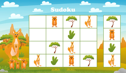 Kids sudoku board game with cartoon kangaroo and quokka in desert. riddle with australian animals characters