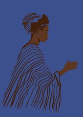 African American Woman, dark skin silhouette. National African costumes, accessories, dresses, flat lay cartoon style illustration blue pastel background.Original style  portrait, good for posters 