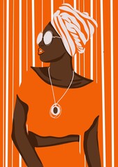African American Woman, dark skin female face. National African costumes, accessories, dresses,  flat lay cartoon style illustration orange pastel background. Fashion girl portrait, good for posters 