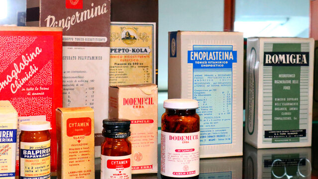 Vintage old Medicines display between 1940 and 1960s