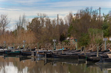 embarcadero y muelles del puerto de Catarroja , en la albufera de valencia , con los botes amarrados a las pasarelas de madera .