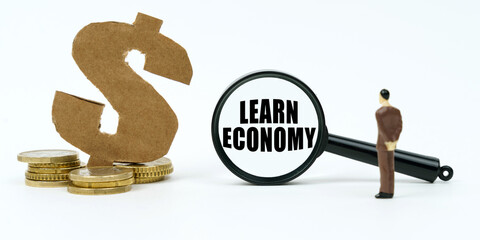 On a white surface, a dollar symbol, a human figure and a magnifying glass with the inscription - LEARN ECONOMY