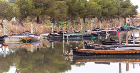 embarcadero del puerto de Catarroja ,en la albufera de valencia, donde se ven las pasarelas y los barcas atracados en los muelles , en un entorno natural de pinos ,con un cielo nublado