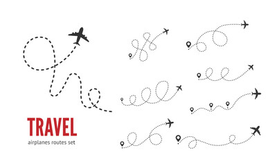 Airplane dashed lines path with start point and dash line trace vector set. Travel concept. Airplane routes