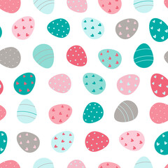 Easter eggs seamless pattern. Decorated Easter eggs on a white background. Design for textiles, packaging, wrappers, greeting cards, paper, printing