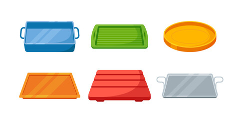 Fototapeta na wymiar Set of Colorful Food Plastic, Metal and Wooden Trays, Blank Fast Food Plates with Handles. Empty Containers